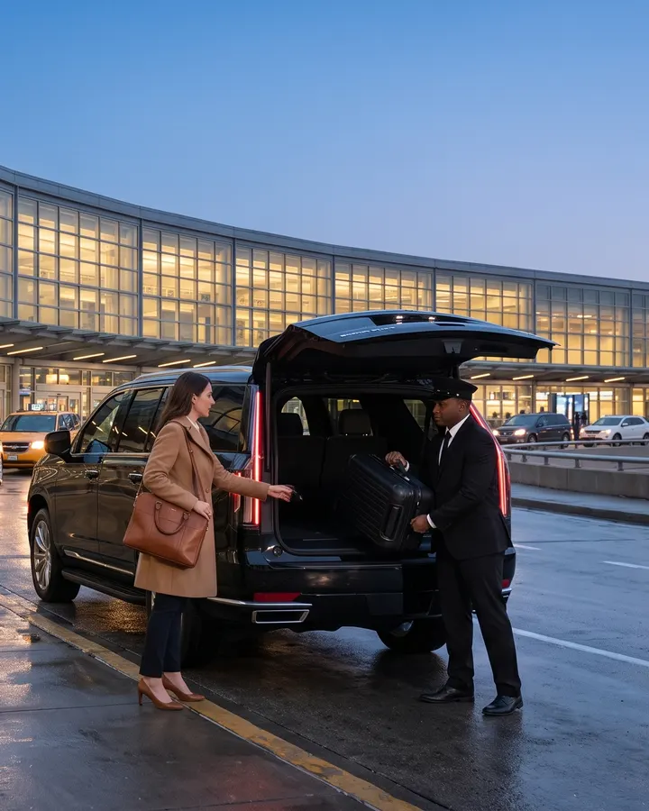 A chauffeur loads a traveler’s luggage into a black SUV at an airport terminal curb
