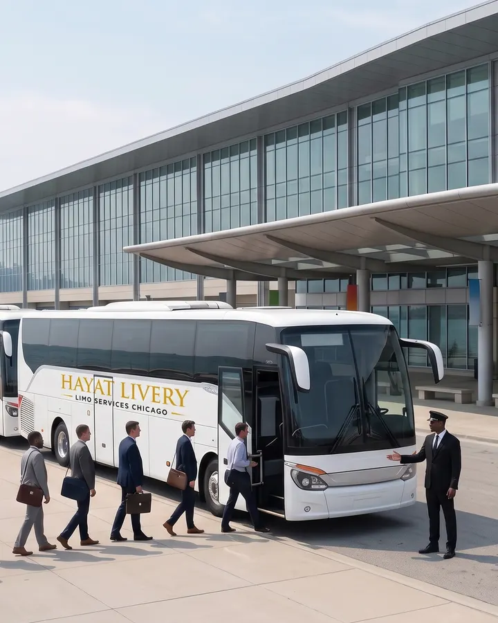 A chauffeur welcomes business travelers aboard a white Hayat Livery motor coach