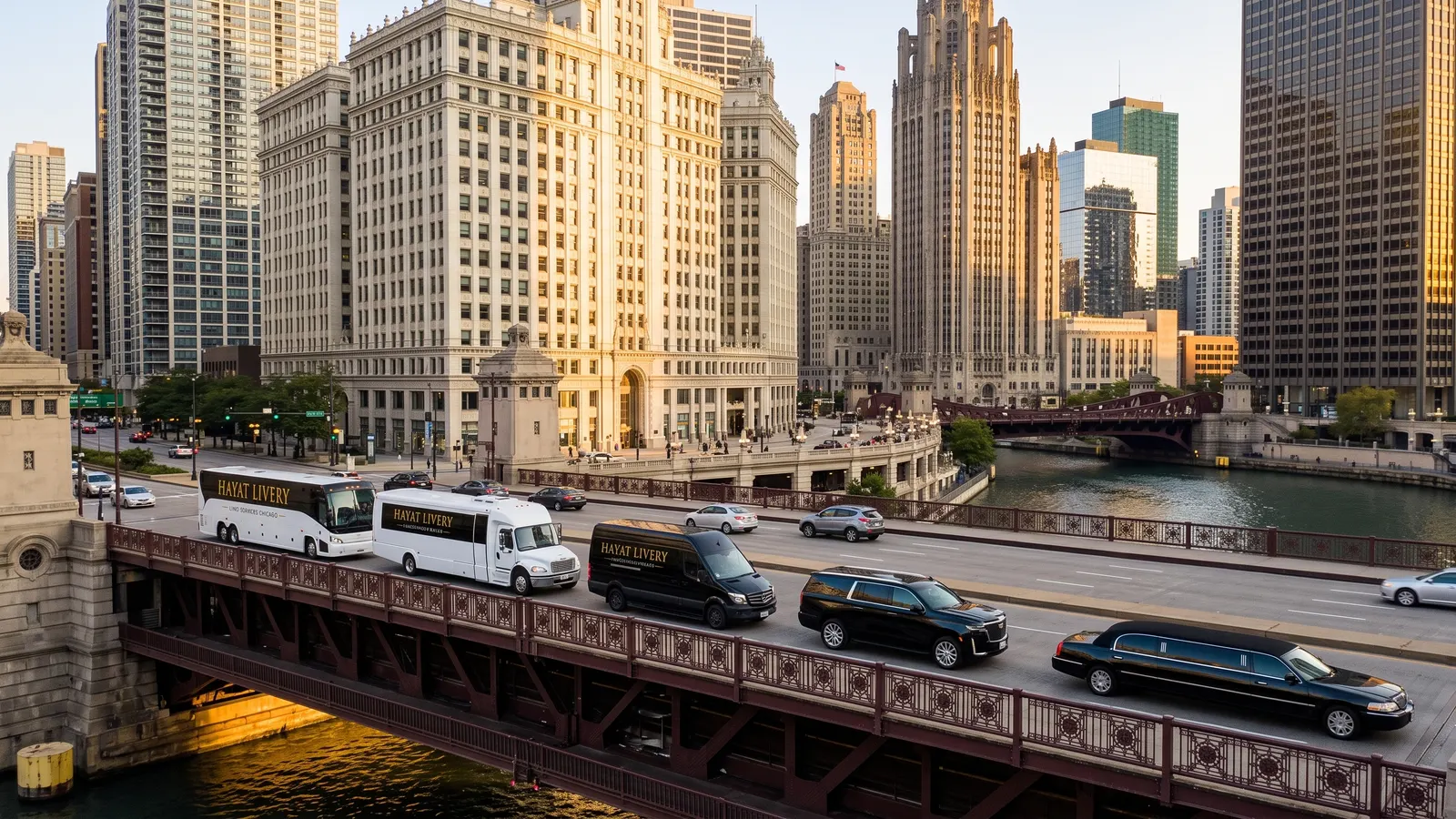 The Hayat Livery Chicago limo fleet crosses a river bridge downtown at sunset