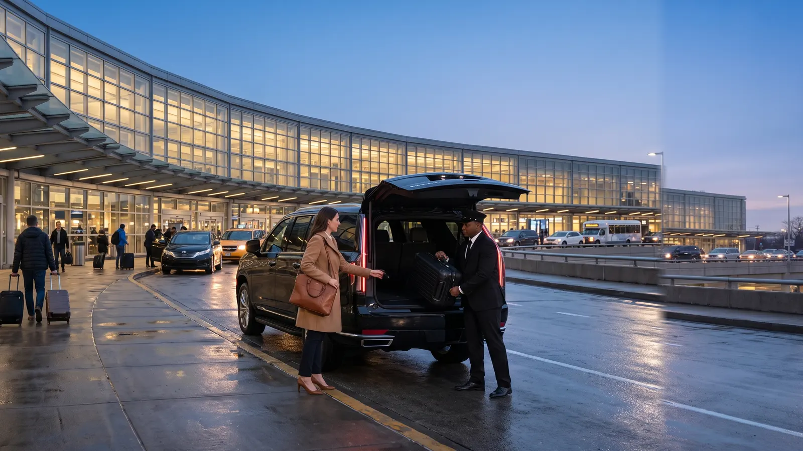 A chauffeur loads luggage into a black Escalade SUV at an airport terminal curb