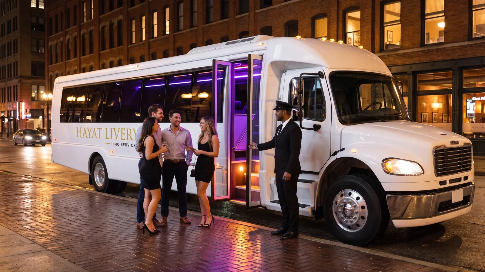 A chauffeur holds the door of a white party bus for guests on a brick street at night