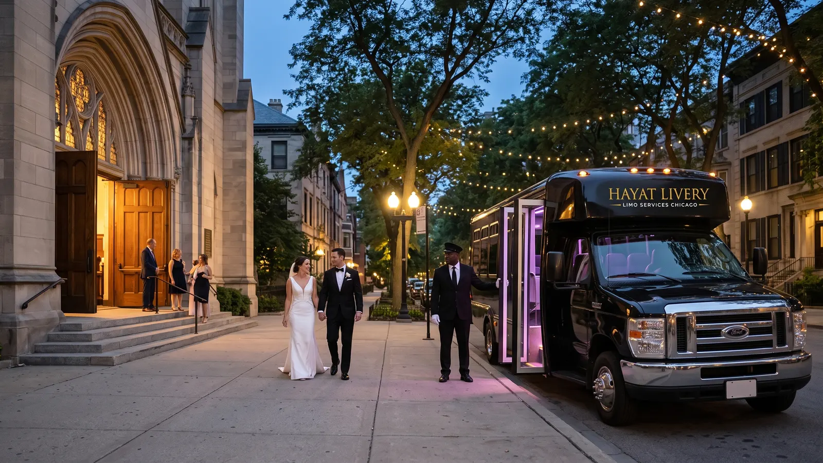 A bride and groom walk toward a black party bus on a tree-lined street at night