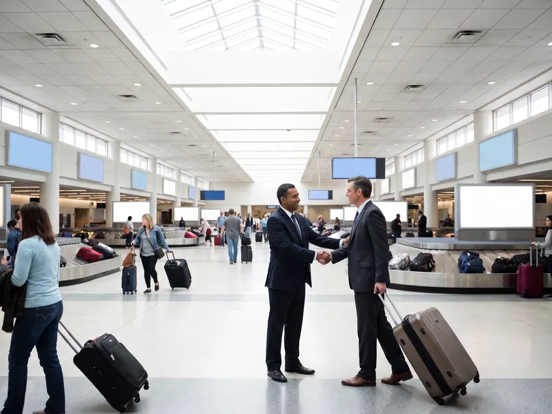 A chauffeur greets an arriving traveler in baggage claim, the meet & greet that comes with our O'Hare limo service