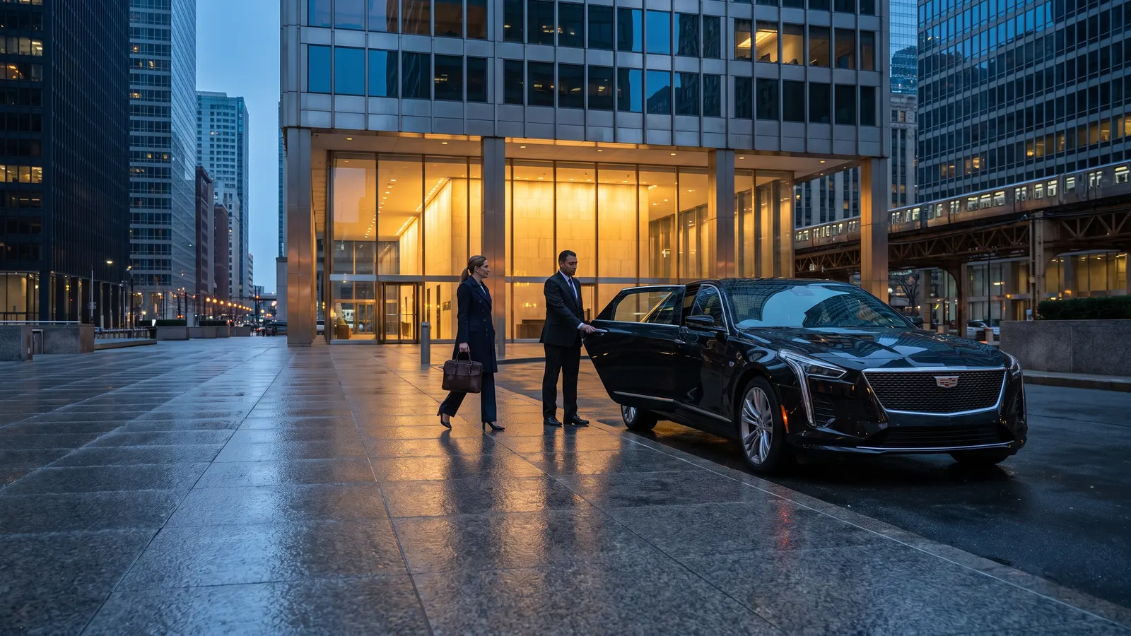 A chauffeur holds the rear door of a black sedan for a businesswoman outside a Loop office tower at dusk, an elevated train behind