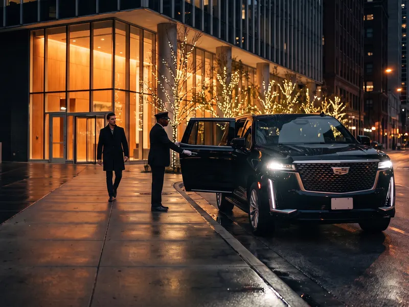 A chauffeur opens the rear door of a black Escalade on a wet sidewalk outside a glass high-rise at night