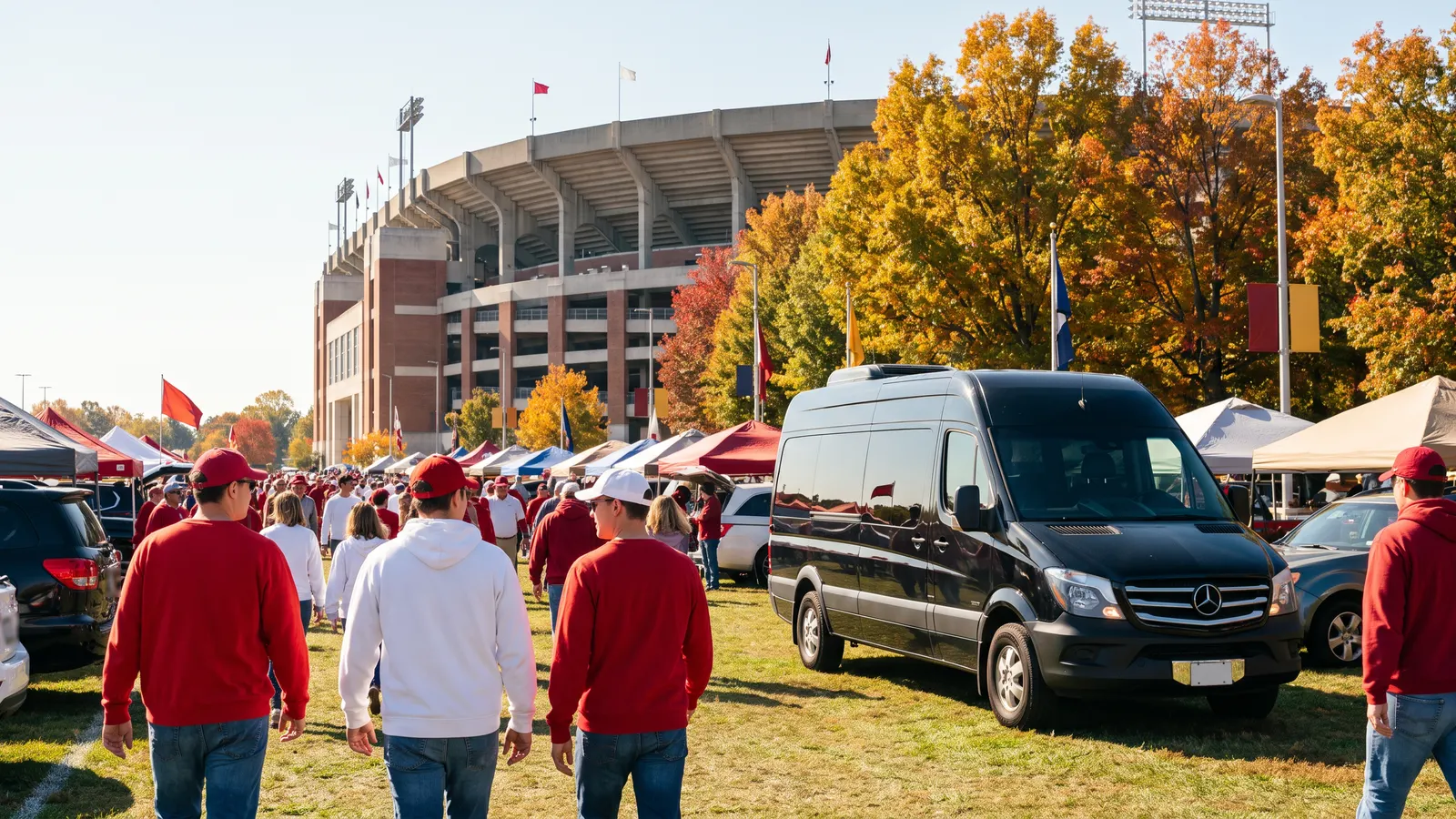 Fans in red and white walk past a black Sprinter van parked among tailgate tents outside a college football stadium in autumn