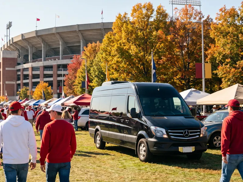 A black Sprinter van parked among tailgate tents as fans walk to a college football stadium