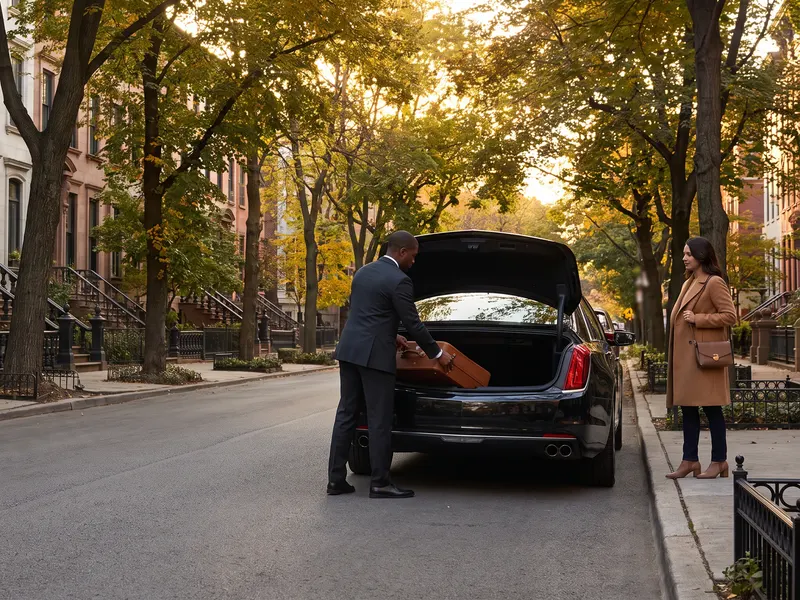 A chauffeur handles a suitcase at the trunk of a black sedan on a Gold Coast street, where a Midway to downtown Chicago car service ride ends