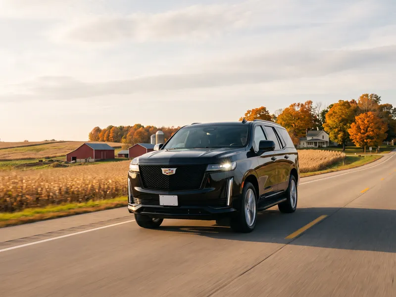 A black Escalade drives along a country highway past red barns and autumn fields