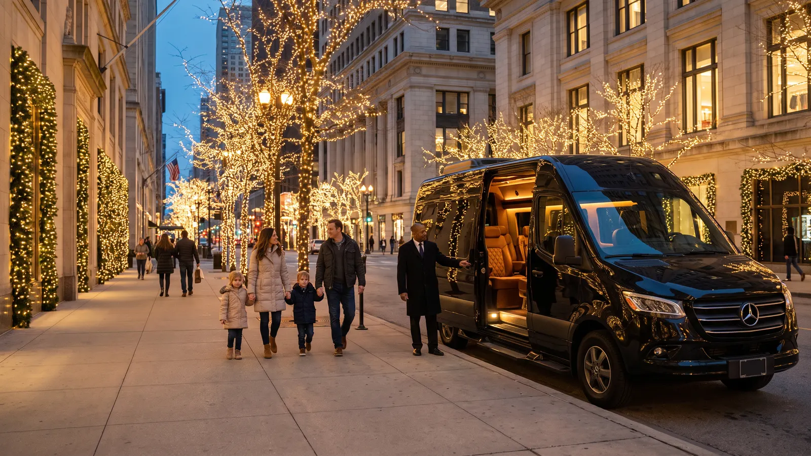 A chauffeur gestures into the open sliding door of a black Sprinter limo as a family with two young children walks toward it on a street of trees wrapped in white lights