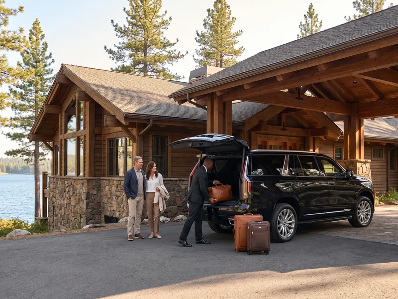 A chauffeur unloads luggage from the back of a black Escalade as a couple waits outside a lakeside lodge