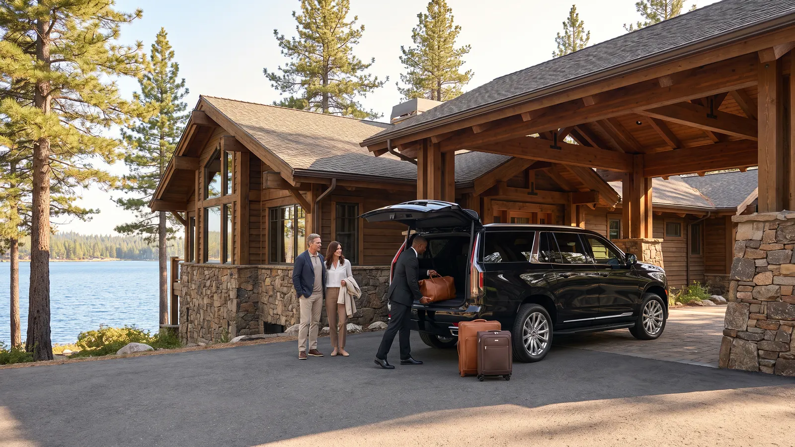 A chauffeur lifts a bag out of the back of a black Escalade at a timber and stone lakeside lodge while a couple waits beside their suitcases