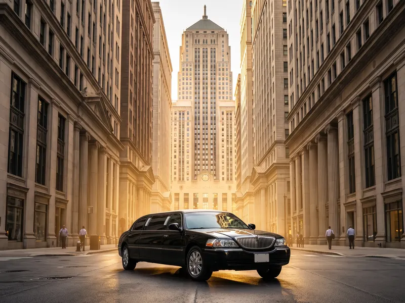 A black stretch limousine on a downtown Chicago street lined with stone office towers