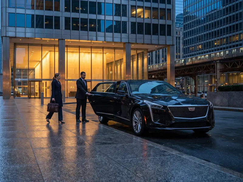 A chauffeur holds the rear door of a black sedan outside a Loop office tower, part of our limo service across Chicago