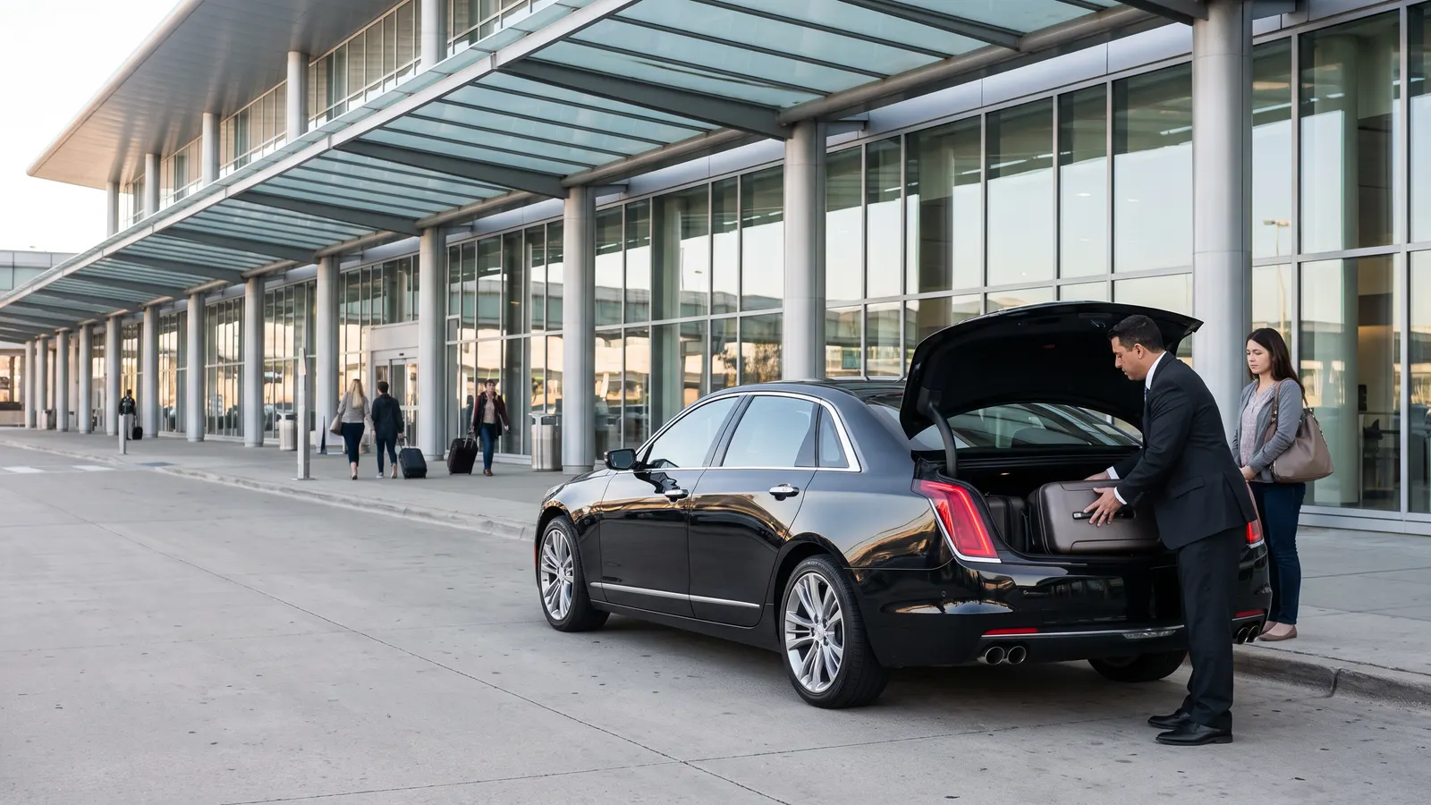 A chauffeur lifts a suitcase into the trunk of a black sedan at an airport arrivals curb while the traveler waits