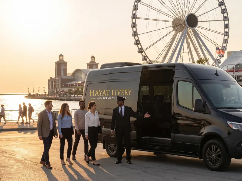 Guests walk to a black Sprinter van rental at Navy Pier in Chicago while the chauffeur waits beside the open door