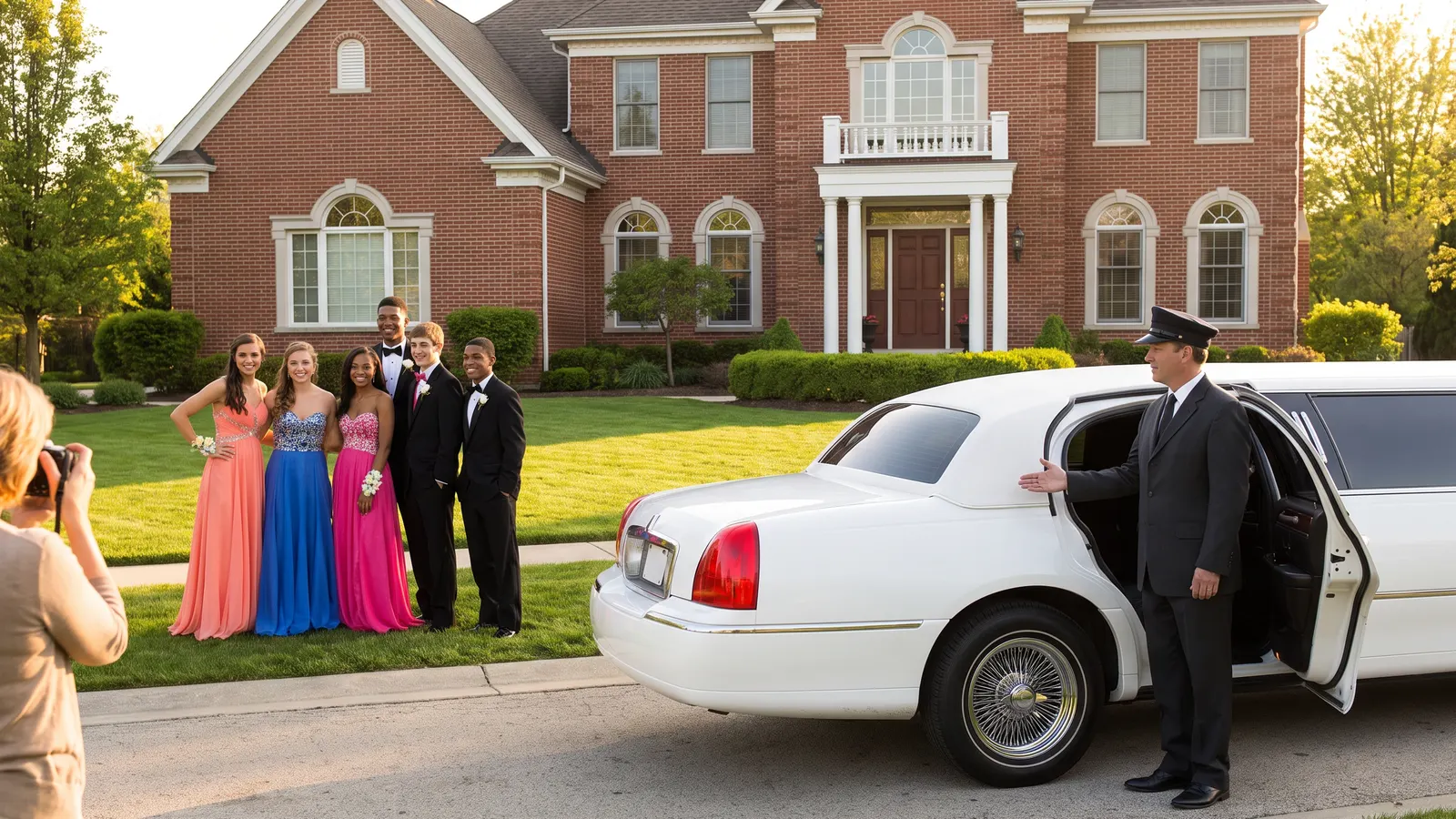 A chauffeur gestures to the open door of a white stretch limousine while a prom group poses on a front lawn