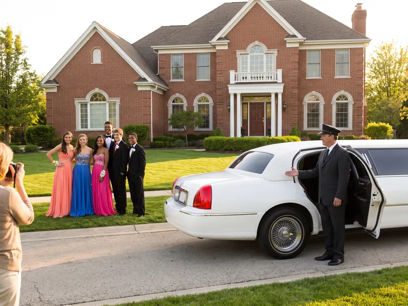A chauffeur gestures to the open door of a white stretch limousine while a prom group poses on a front lawn