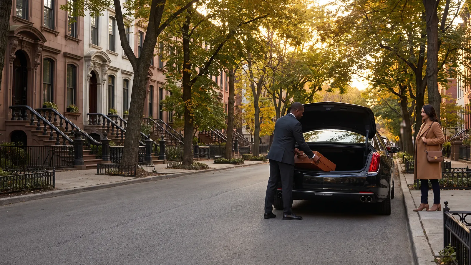 A chauffeur lifts a suitcase into the trunk of a black sedan on a tree-lined Gold Coast street of brownstones at golden hour while the traveler waits on the sidewalk