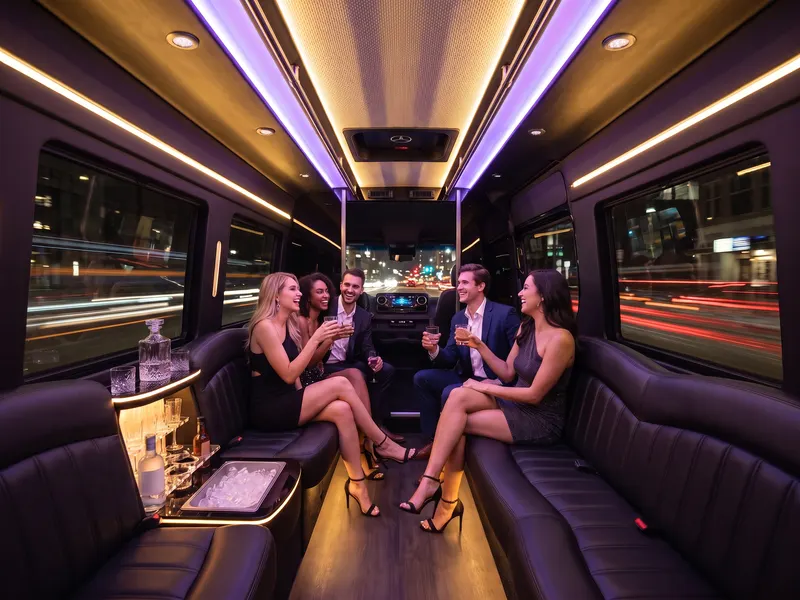 Friends raise glasses on the leather benches inside a Sprinter limo lit with gold and violet ceiling lights