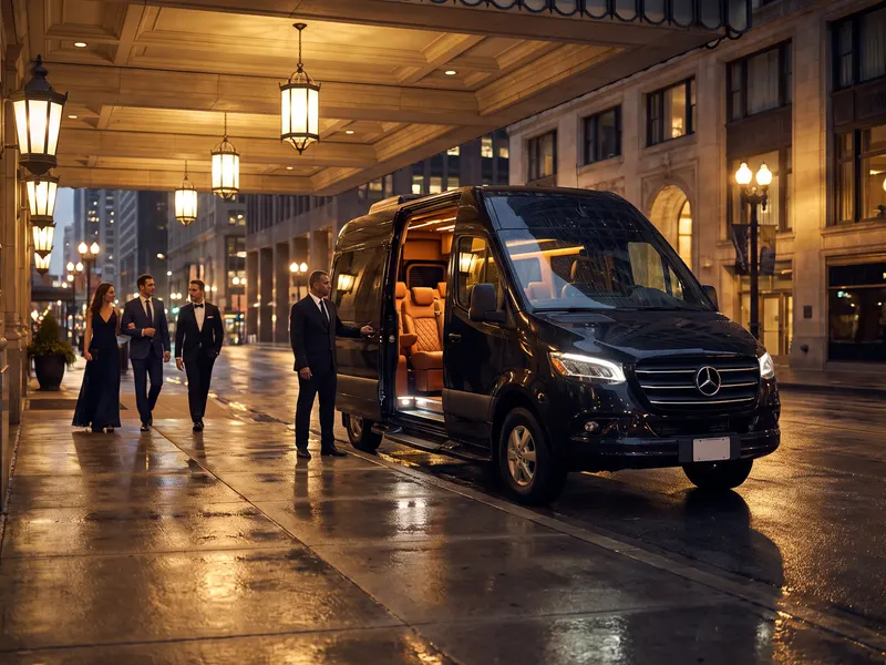 A chauffeur stands beside the open sliding door of a black Sprinter van under a hotel canopy at night