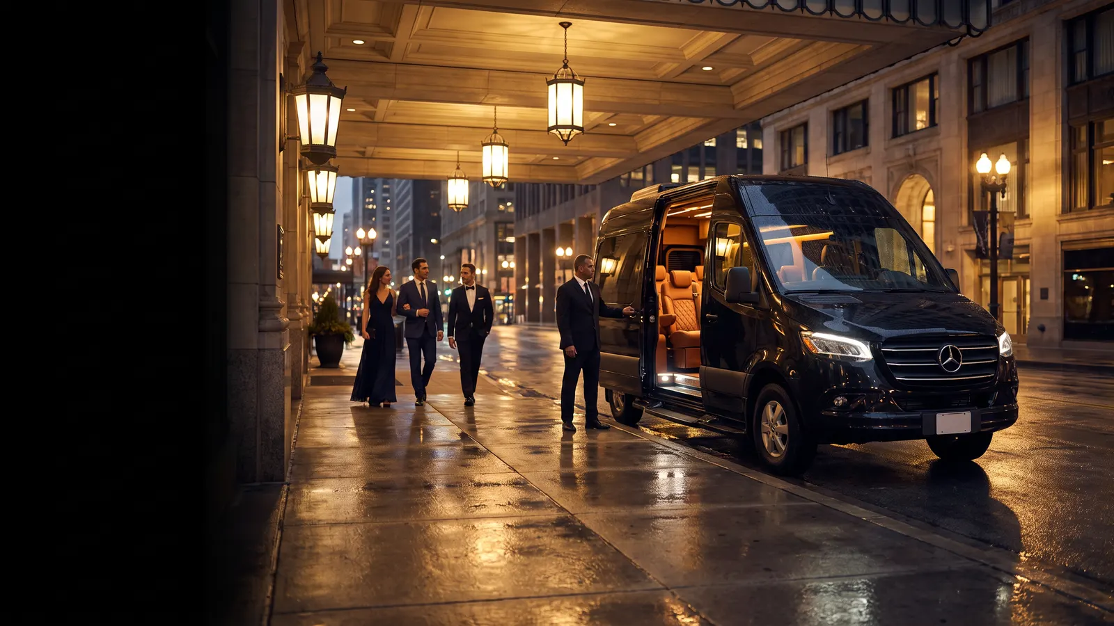 A chauffeur waits beside the open sliding door of a black Sprinter van as guests in evening clothes leave a downtown Chicago hotel at night
