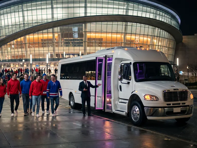 Fans in red and blue walk toward a white party bus at night while the chauffeur gestures into its open front door