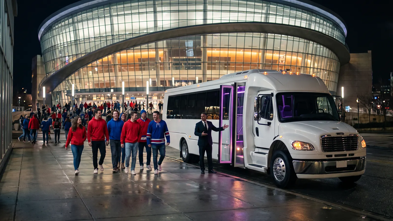 A chauffeur gestures into the open front door of a white party bus as fans in red and blue walk toward it outside a large arena at night