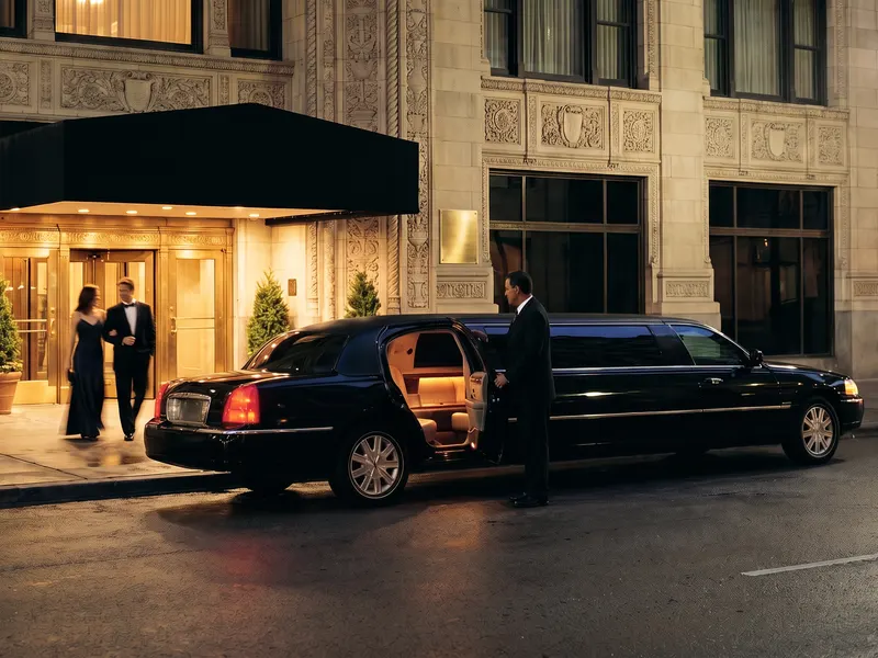 A couple in evening clothes walk toward a black stretch limousine outside a historic hotel at night