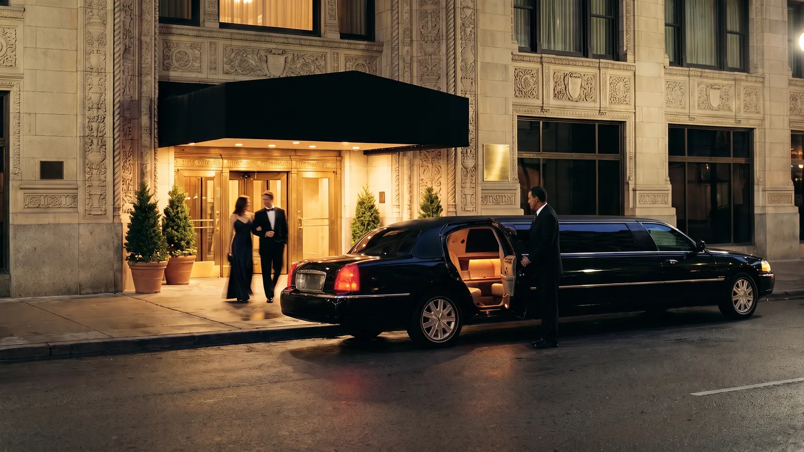 A chauffeur holds the rear door of a black stretch limousine as a couple in evening clothes leave a historic Chicago hotel