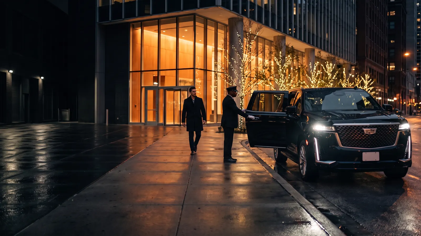 A chauffeur holds the rear door of a black Escalade at the curb as a man walks out of a glass high-rise at night