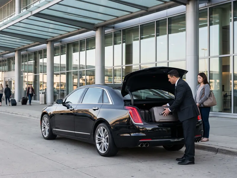 A chauffeur loads a suitcase into a black car service sedan at a Chicago airport arrivals curb