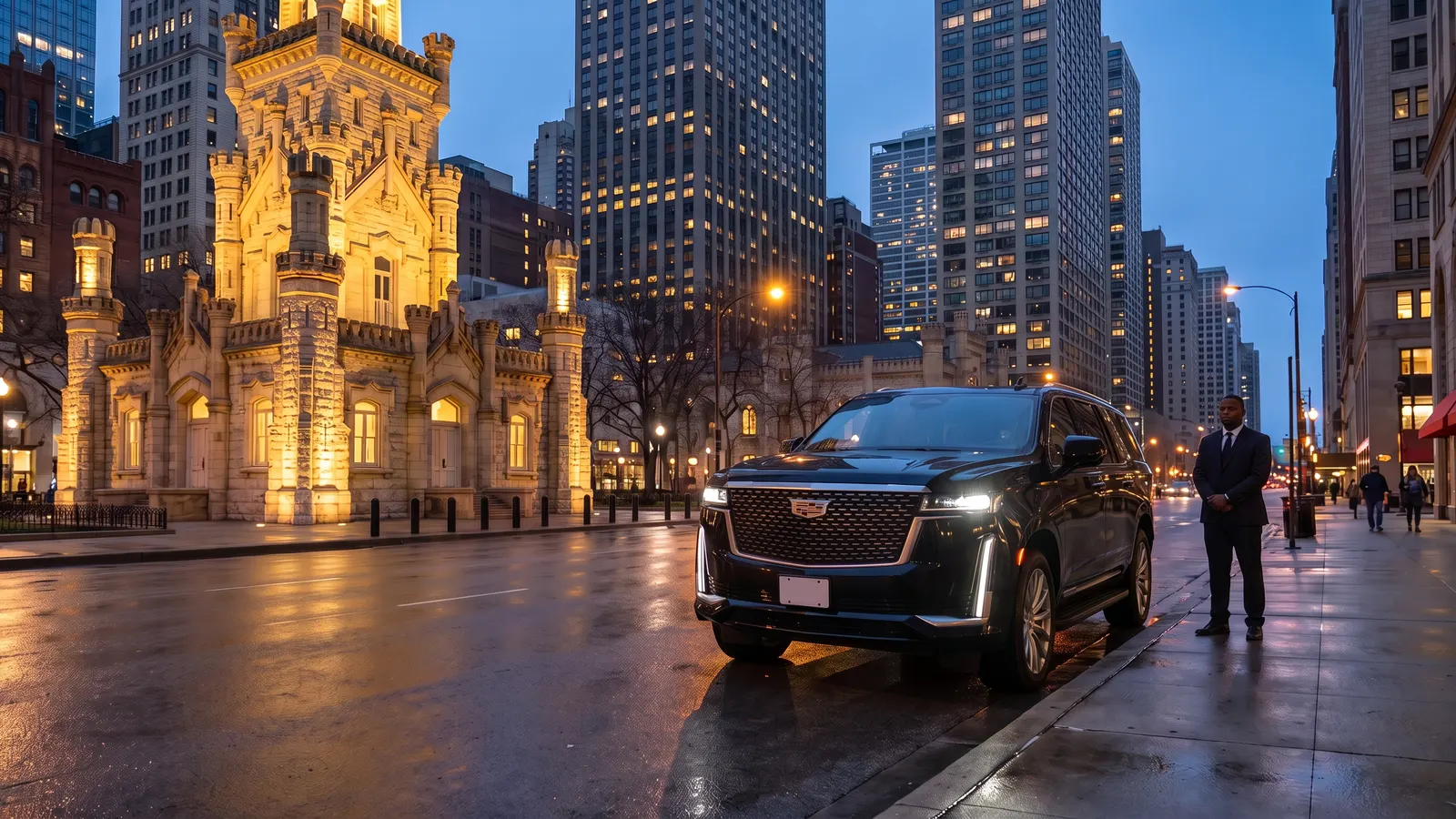 A chauffeur waits beside a black Escalade on North Michigan Avenue by the historic Chicago Water Tower at dusk