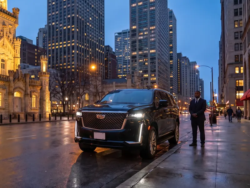 A black Escalade waits at the curb on North Michigan Avenue beside the Chicago Water Tower at dusk