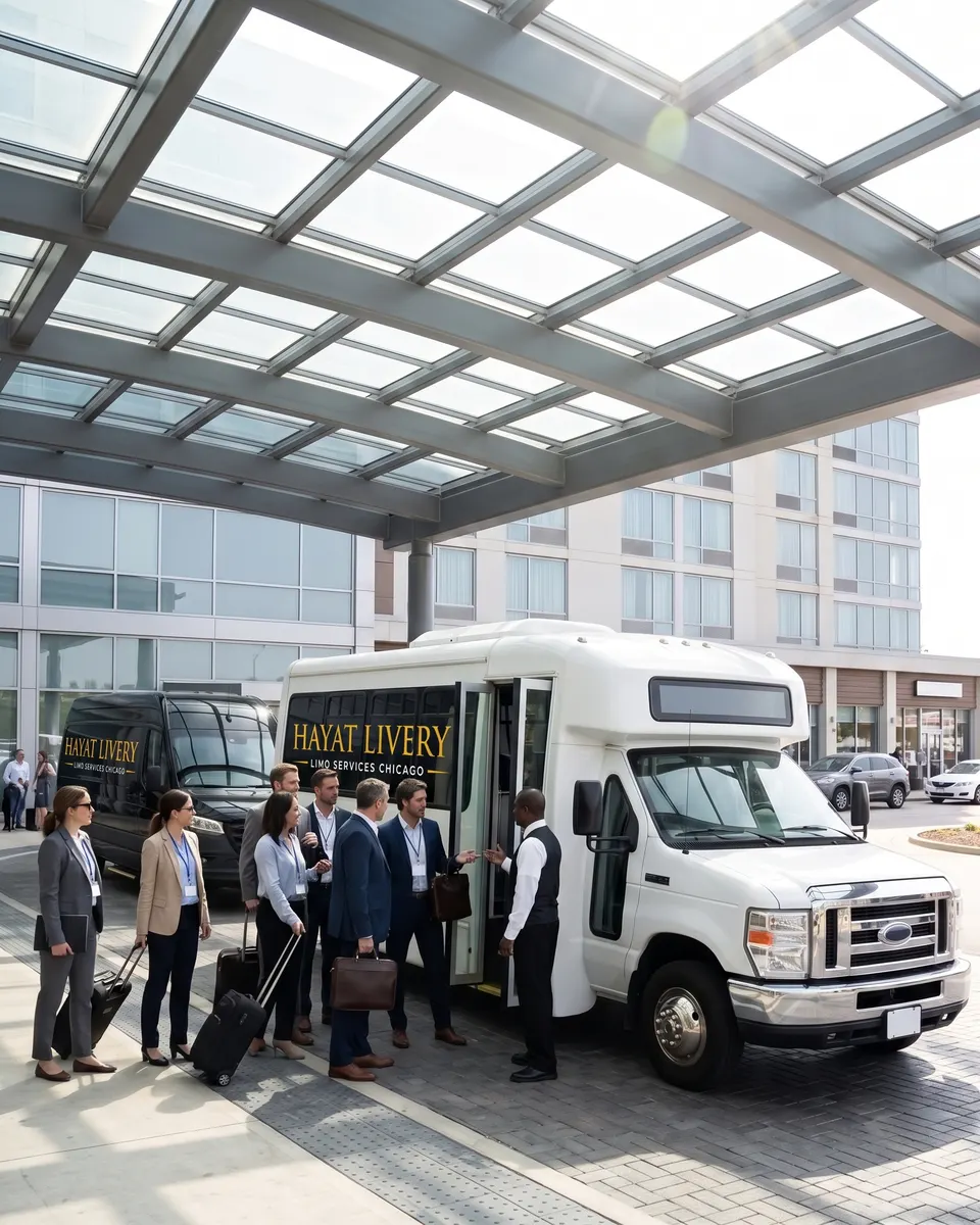 Conference guests board a white shuttle bus and a black Sprinter under a glass canopy
