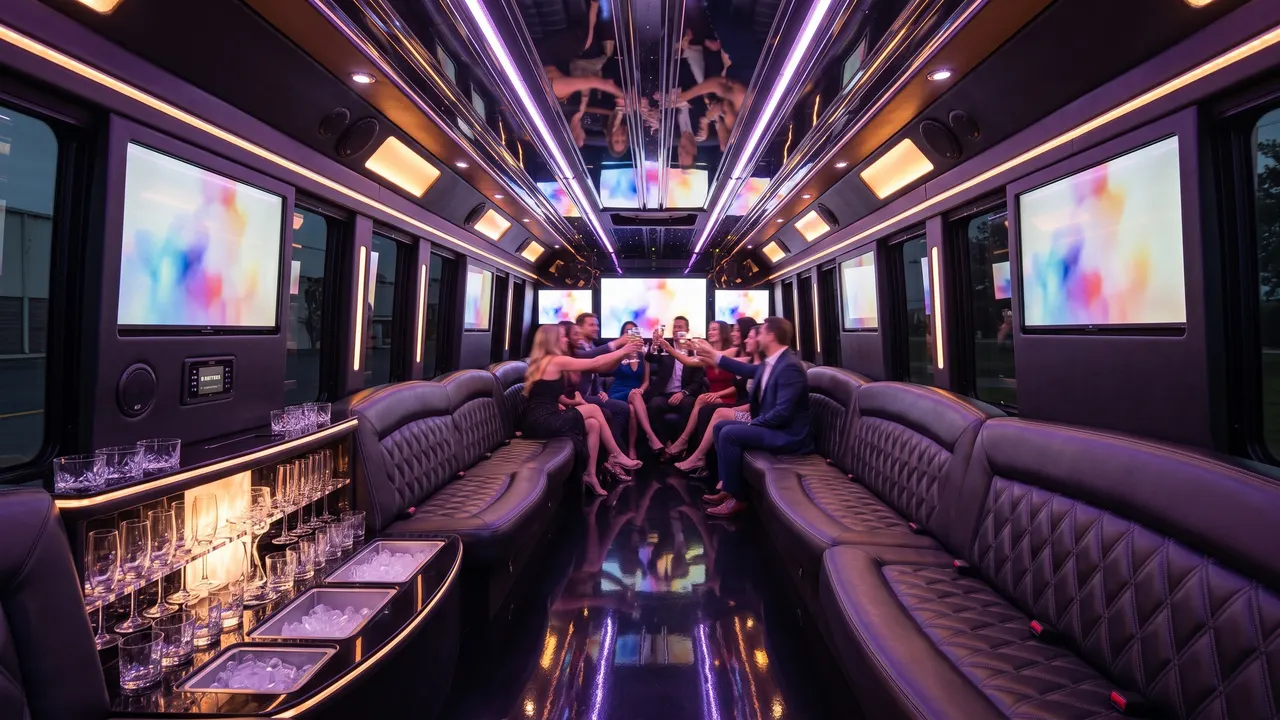 A group celebrates inside a party bus with screens and lit ceiling panels