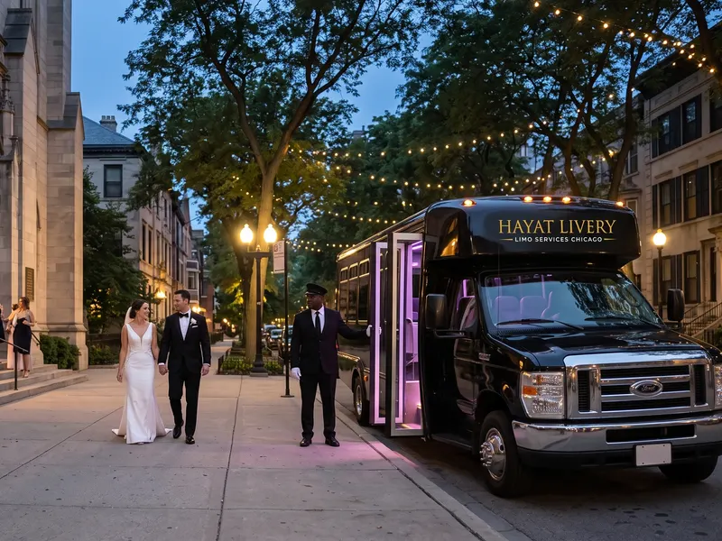 A bride and groom walk to a black party bus at dusk while the chauffeur waits